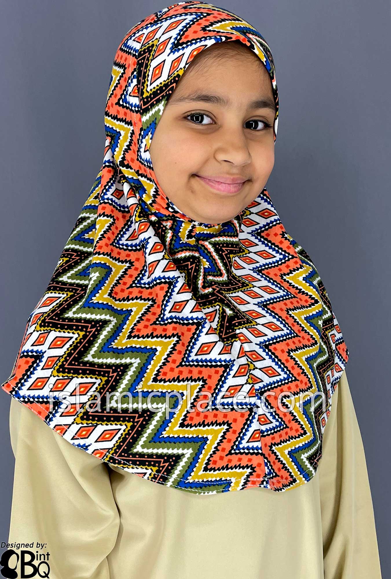 Coral, Olive Green, Blue and Mustard Zig Zag Design - Printed Girl size (1-piece) Hijab Al-Amira