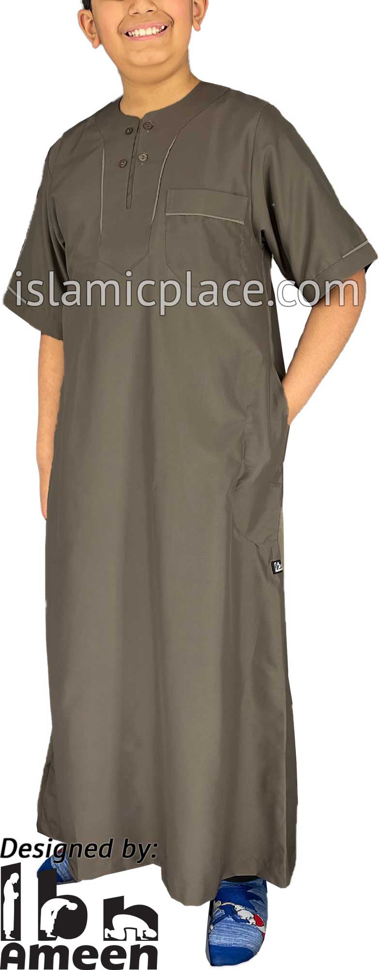 Taupe - Ibrahim Style Boy Short Sleeve Thob by Ibn Ameen