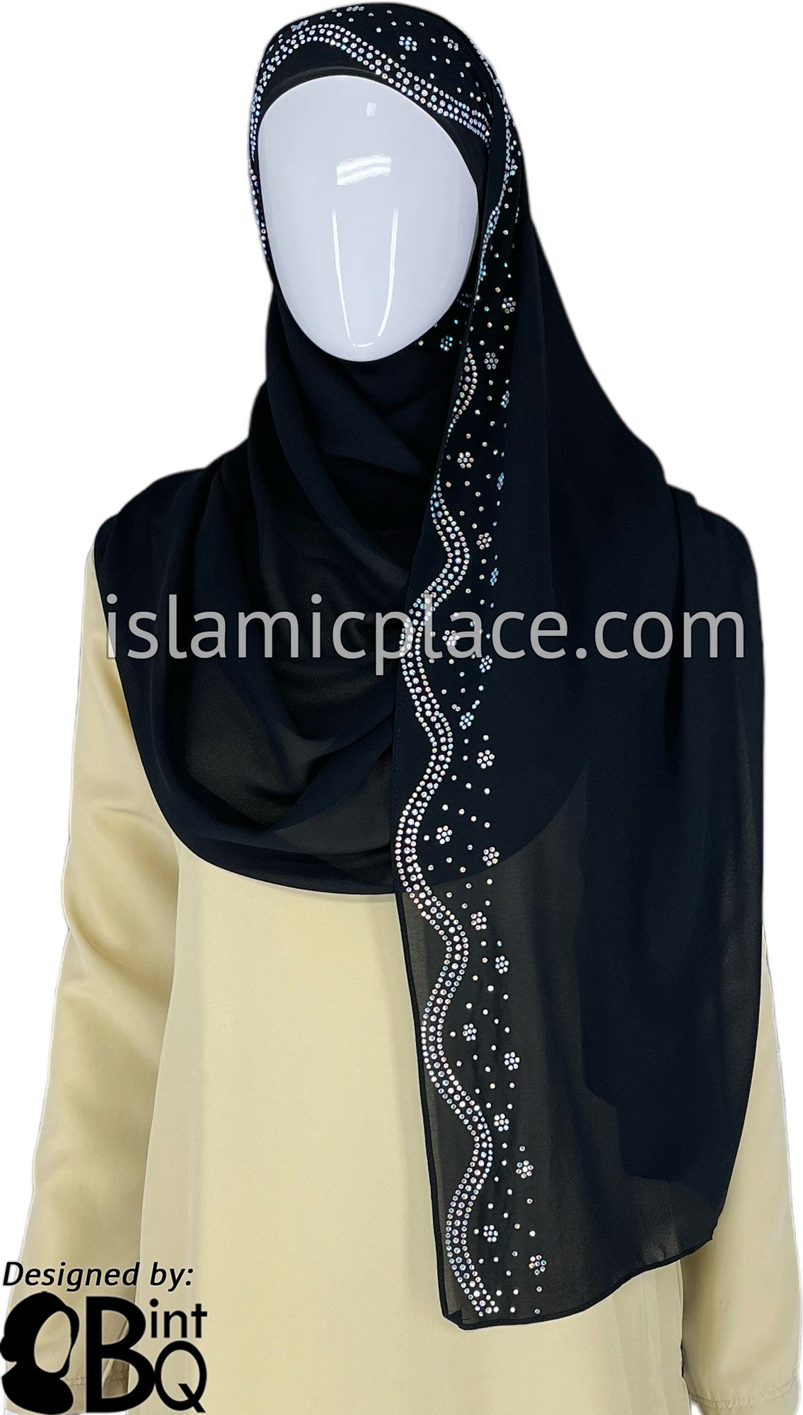 Black with Silver Stones in Design 120 - Georgette Chiffon Shayla Long Rectangle Hijab 30"x70"