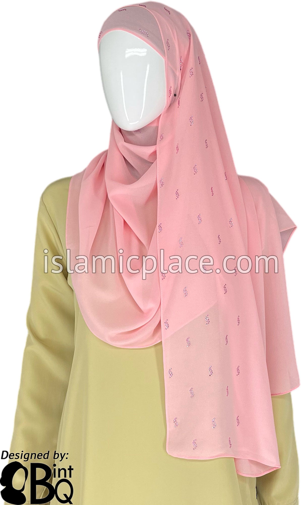 Pink with Pink Stones in Design 63 - Georgette Chiffon Shayla Long Rectangle Hijab 30"x70"