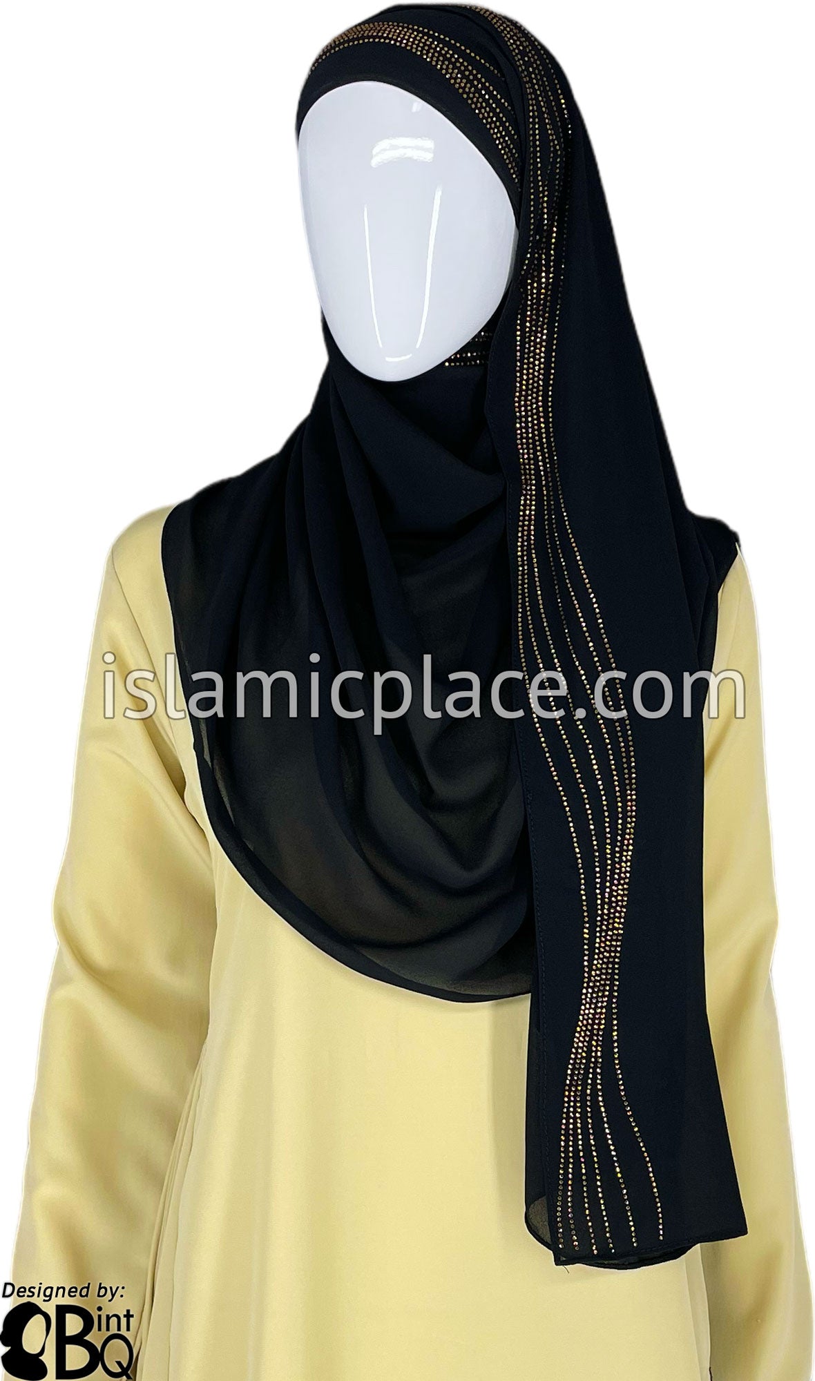 Black with Golden Stones in Design 102 - Georgette Chiffon Shayla Long Rectangle Hijab 30"x70"