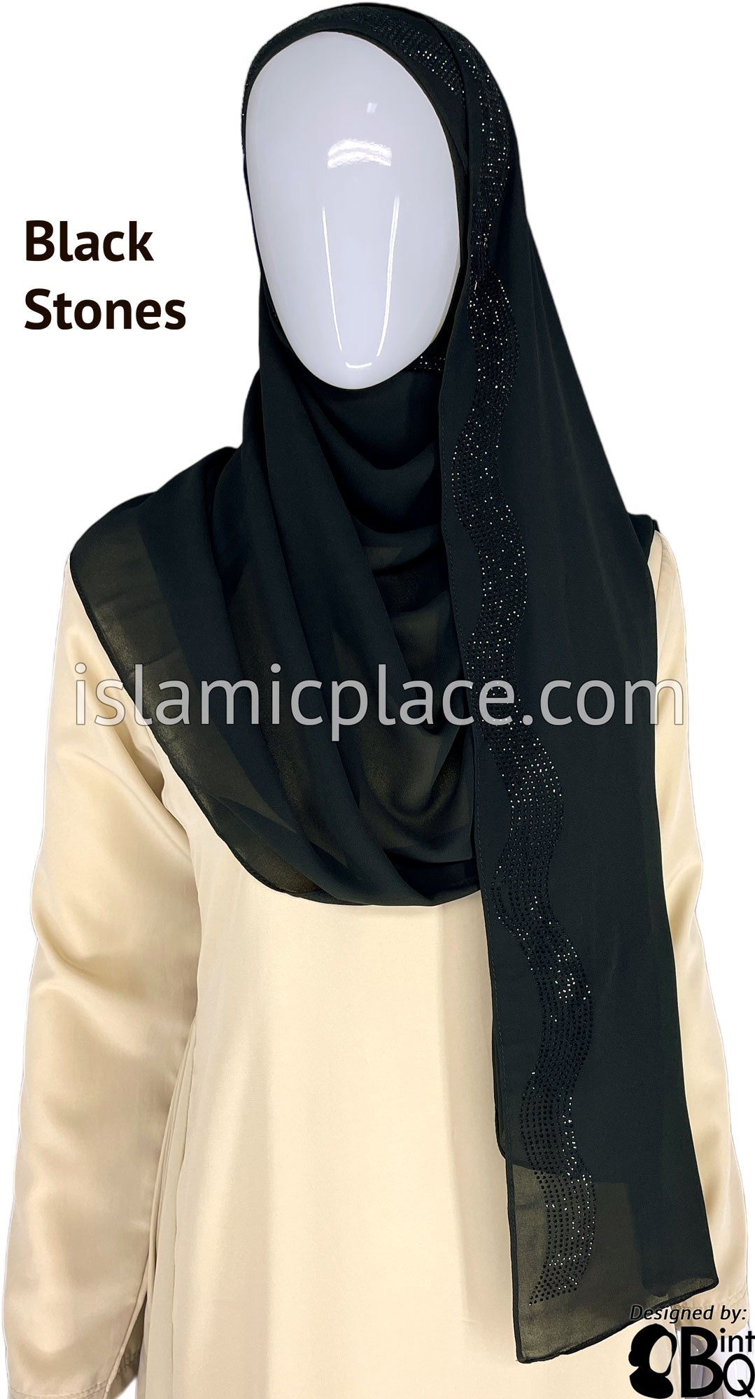 Black with Black Stones in Design 35 - Georgette Chiffon Shayla Long Rectangle Hijab 30"x70"