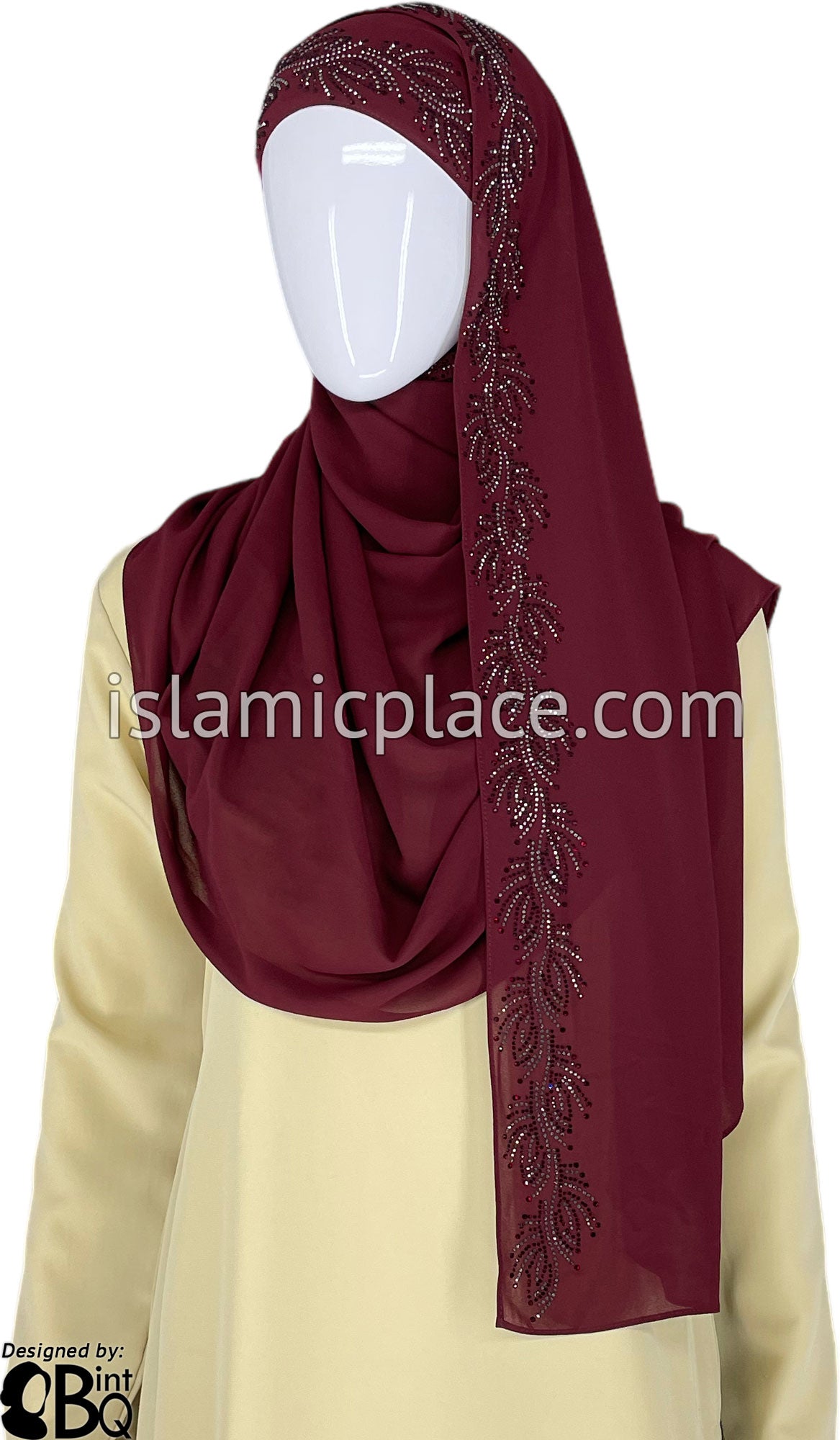 Burgundy with Silver Stones in Design 50 - Georgette Chiffon Shayla Long Rectangle Hijab 30"x70"