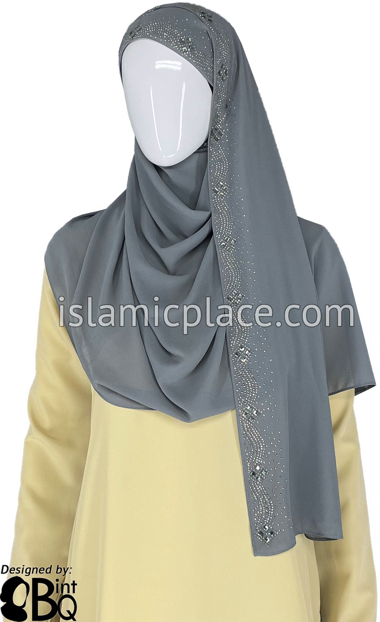 Gray with Silver Stones in Design 73 - Georgette Chiffon Shayla Long Rectangle Hijab 30"x70"