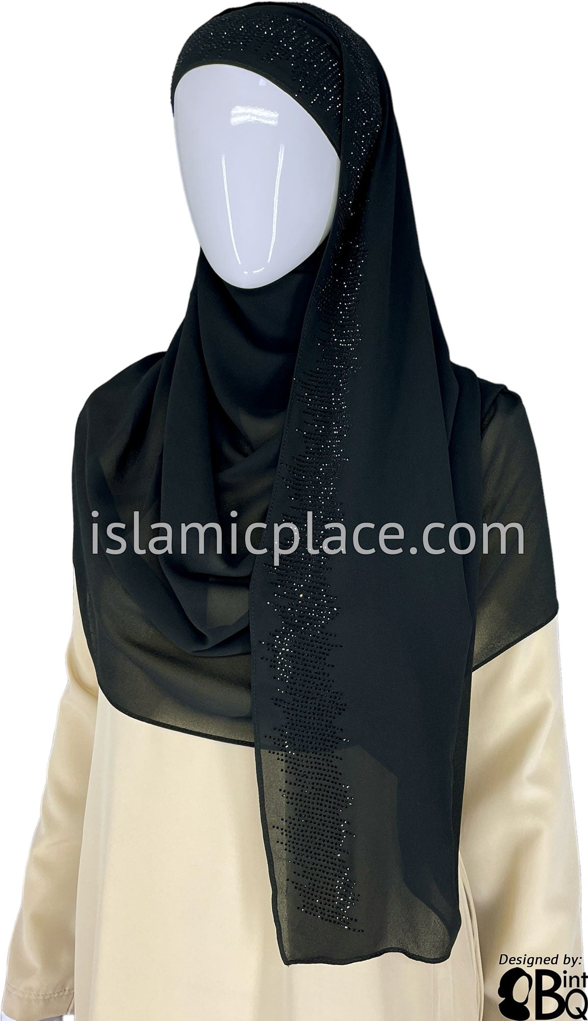 Black with Black Stones in Design 46 - Georgette Chiffon Shayla Long Rectangle Hijab 30"x70"