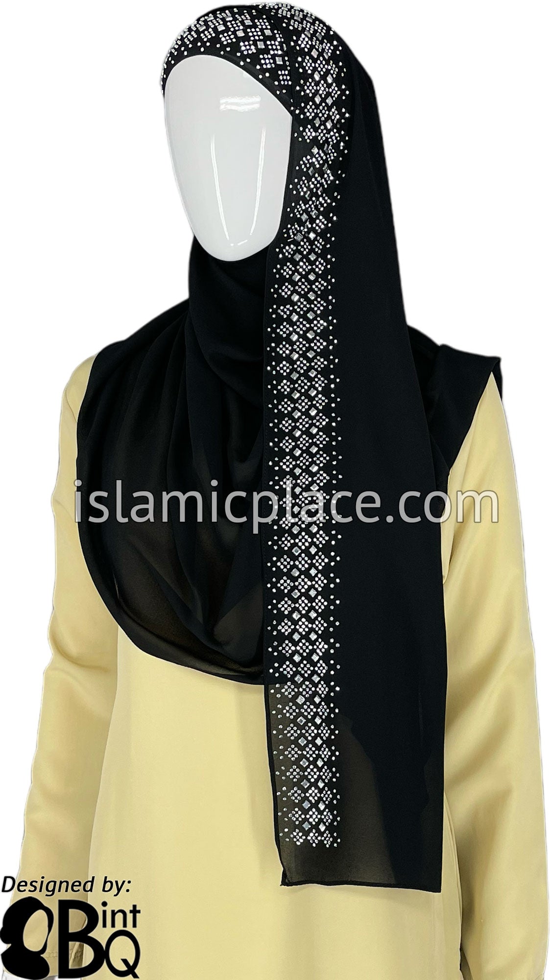 Black with Silver Stones in Design 29 - Georgette Chiffon Shayla Long Rectangle Hijab 30"x70"