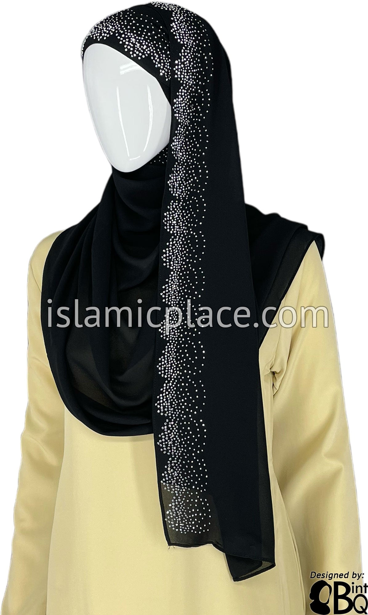 Black with Silver Stones in Design 14 - Georgette Chiffon Shayla Long Rectangle Hijab 30"x70"