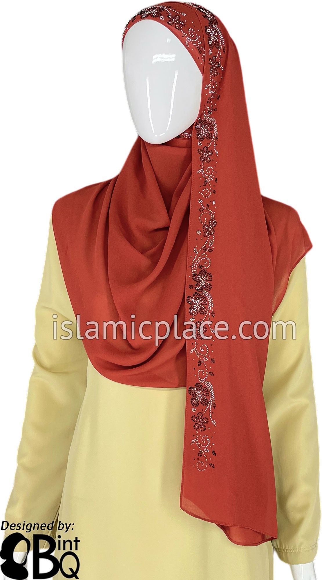 Rust with Black-Silver Stones in Design 54 - Georgette Chiffon Shayla Long Rectangle Hijab 30"x70"