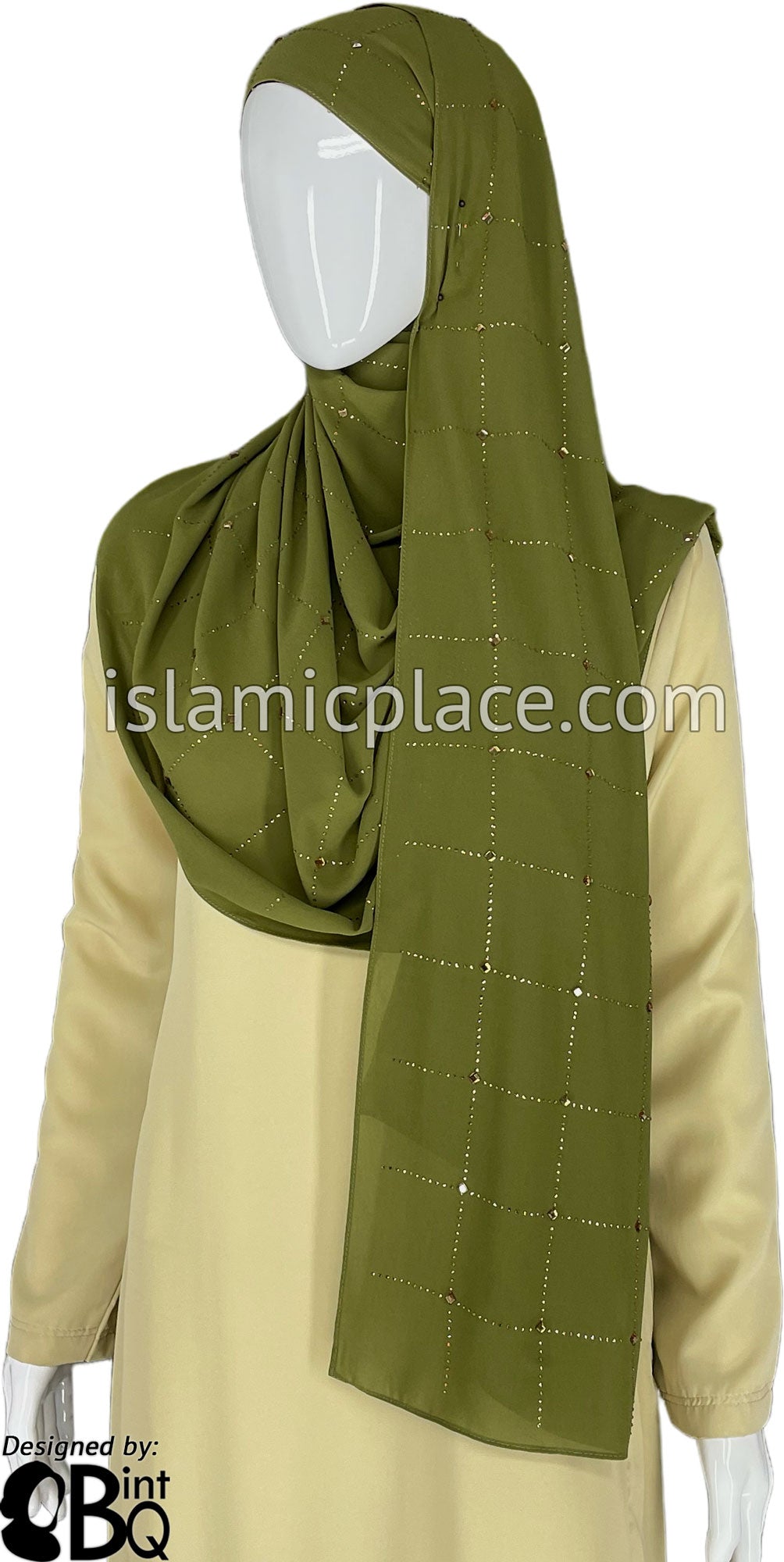 LightOlive with Golden Stones in Design 153 - Georgette Chiffon Shayla Long Rectangle Hijab 30"x70"