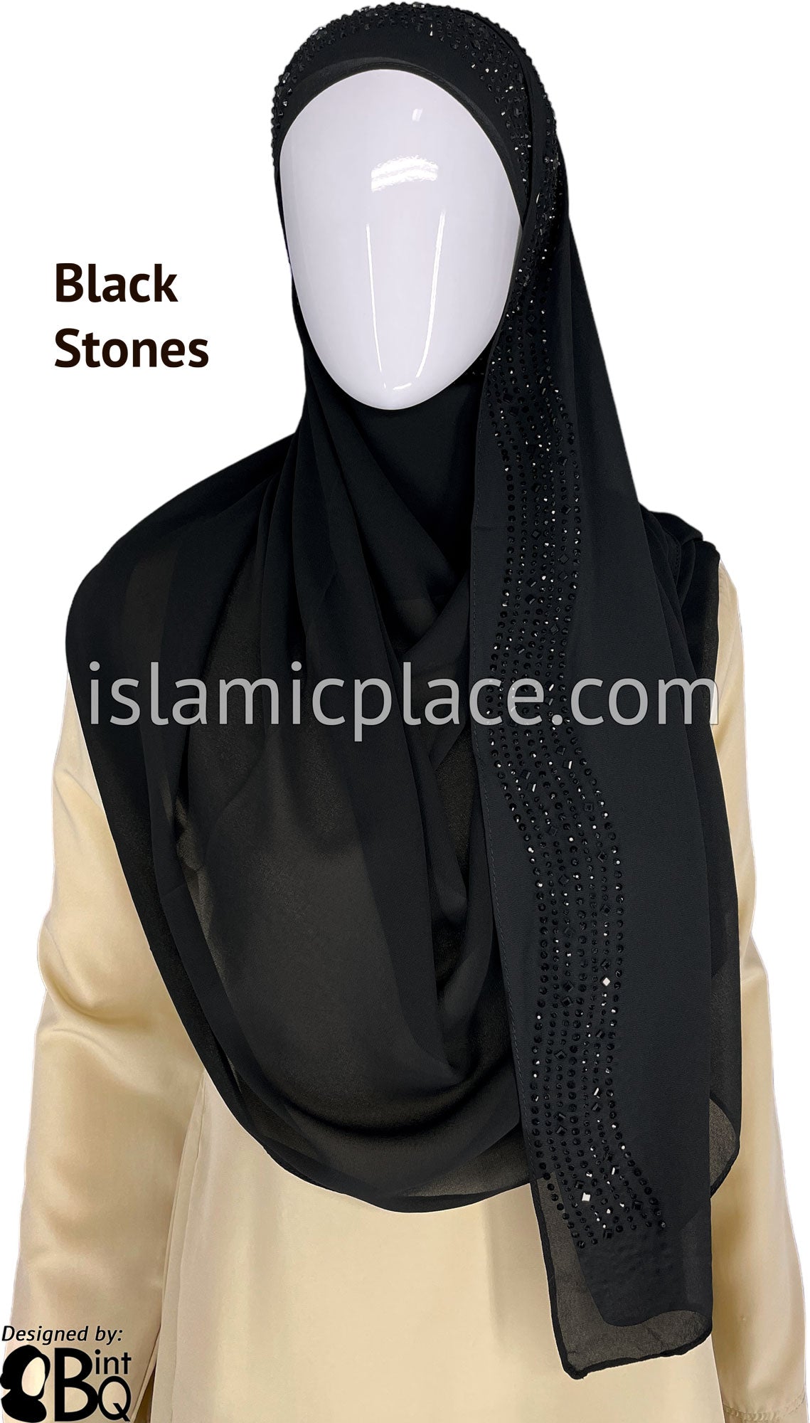 Black with Black Stones in Design 33 - Georgette Chiffon Shayla Long Rectangle Hijab 30"x70"