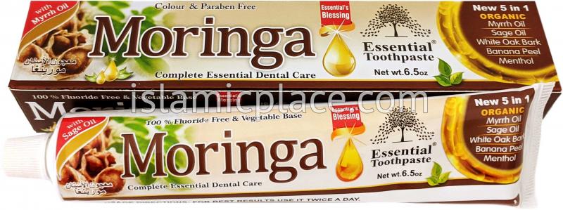 Moringa Essential Toothpaste - 5 in 1 (White Oak Bark, Sage Oil, Banana Peel, Menthol, Myrrh Oil) 6.5 oz - Halal & Organic