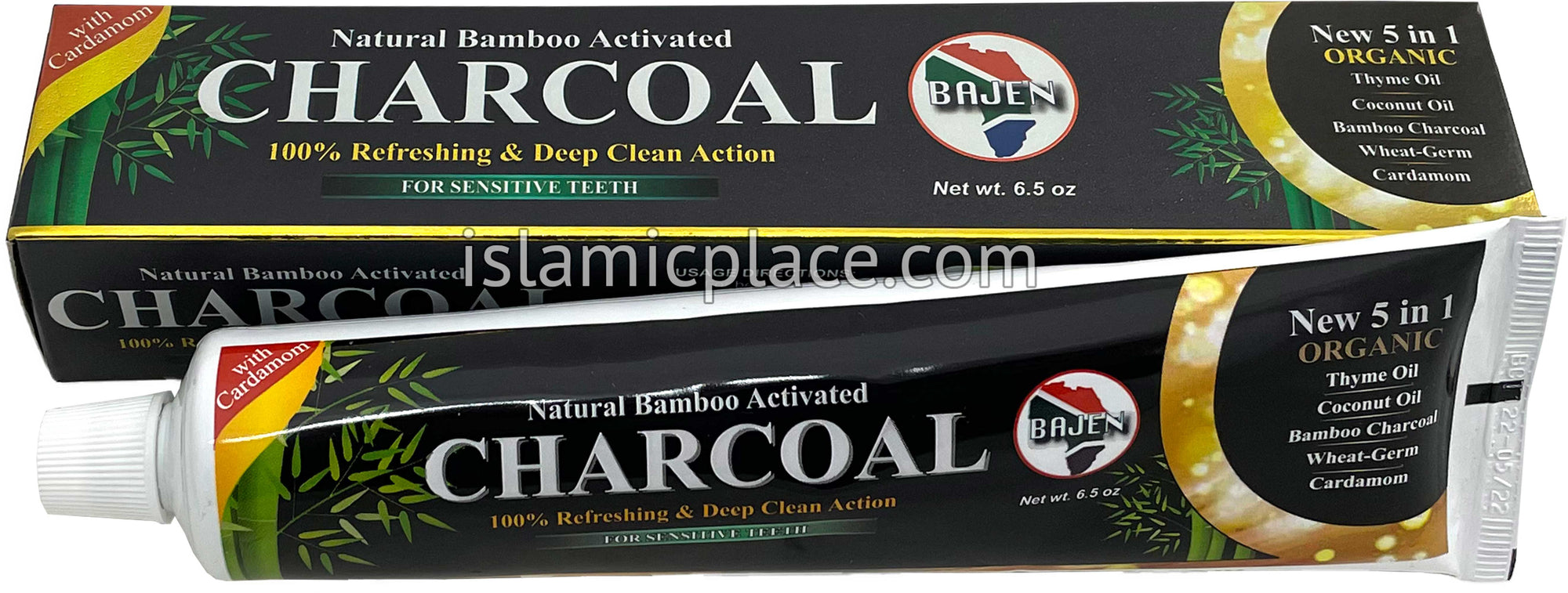 Charcoal Toothpaste - 5 in 1 (Thyme Oil, Coconut Oil, Bamboo Charcoal, Wheat Germ, Cardamom) 6.5 oz - Halal & Organic