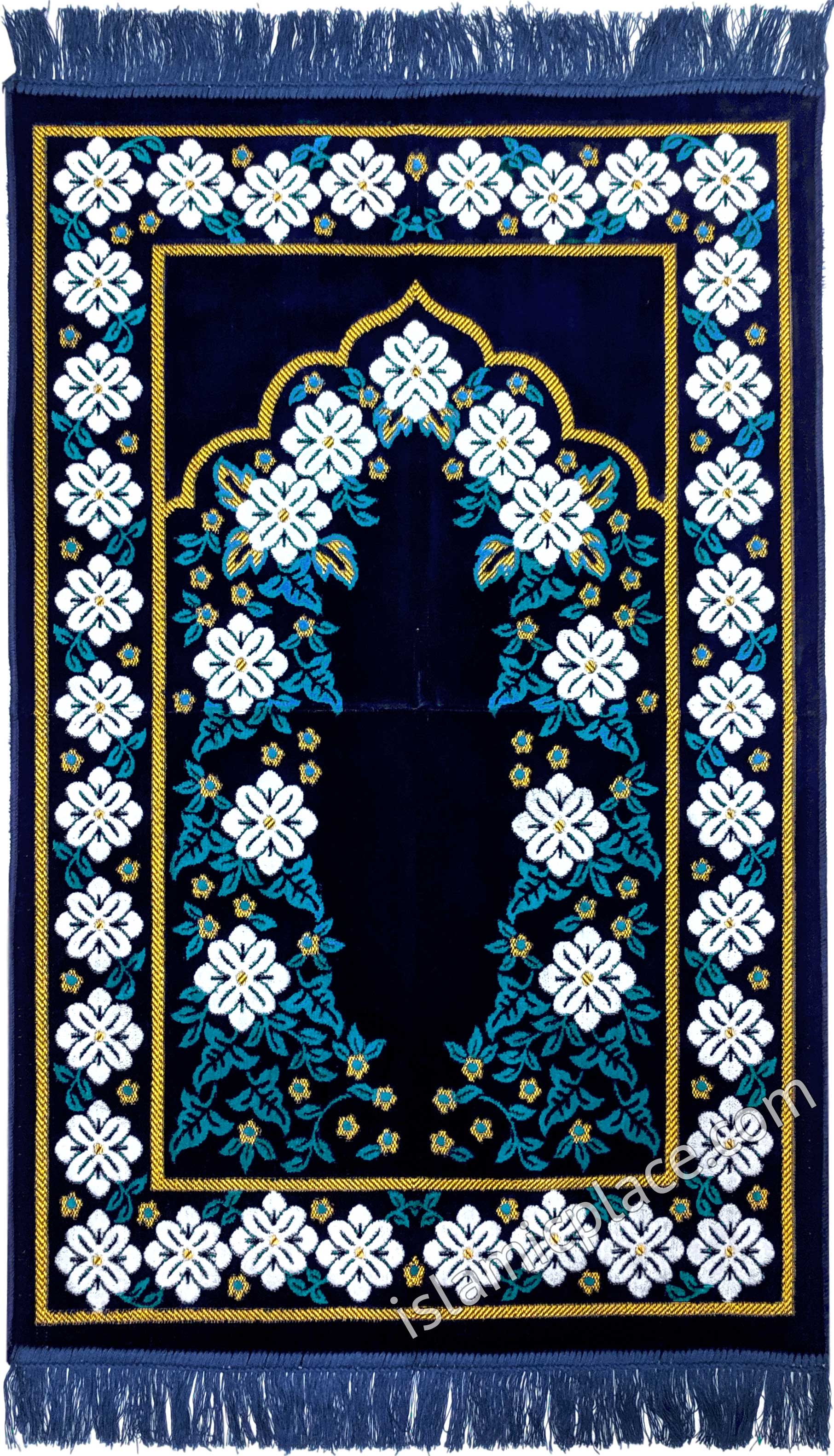 Navy Blue and Light Blue Prayer Rug with Floral Gateway Mihrab