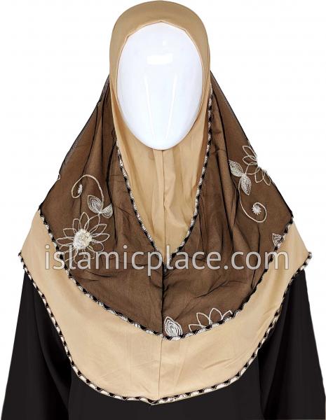 Khaki - Floral Sketch Hijab Al-Amira Teen to Adult (Large) - Design 9
