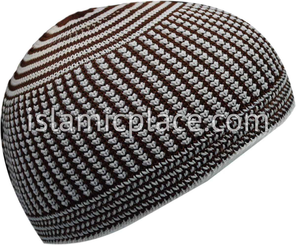 Brown &amp; White - Elastic Knitted Bashir Designer Kufi
