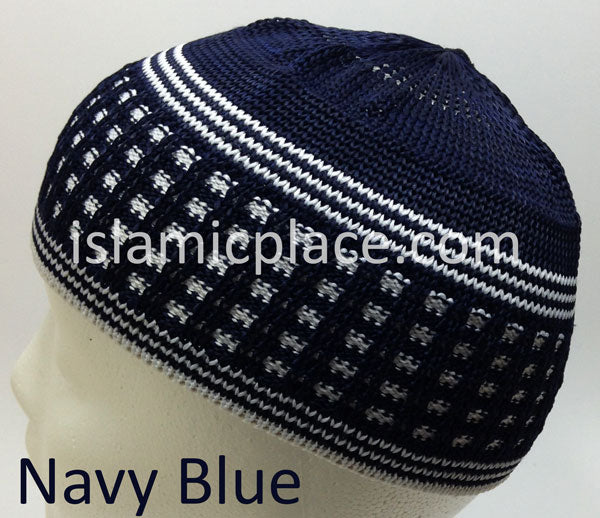 Navy Blue & White - Elastic Knitted Ameen Designer Kufi