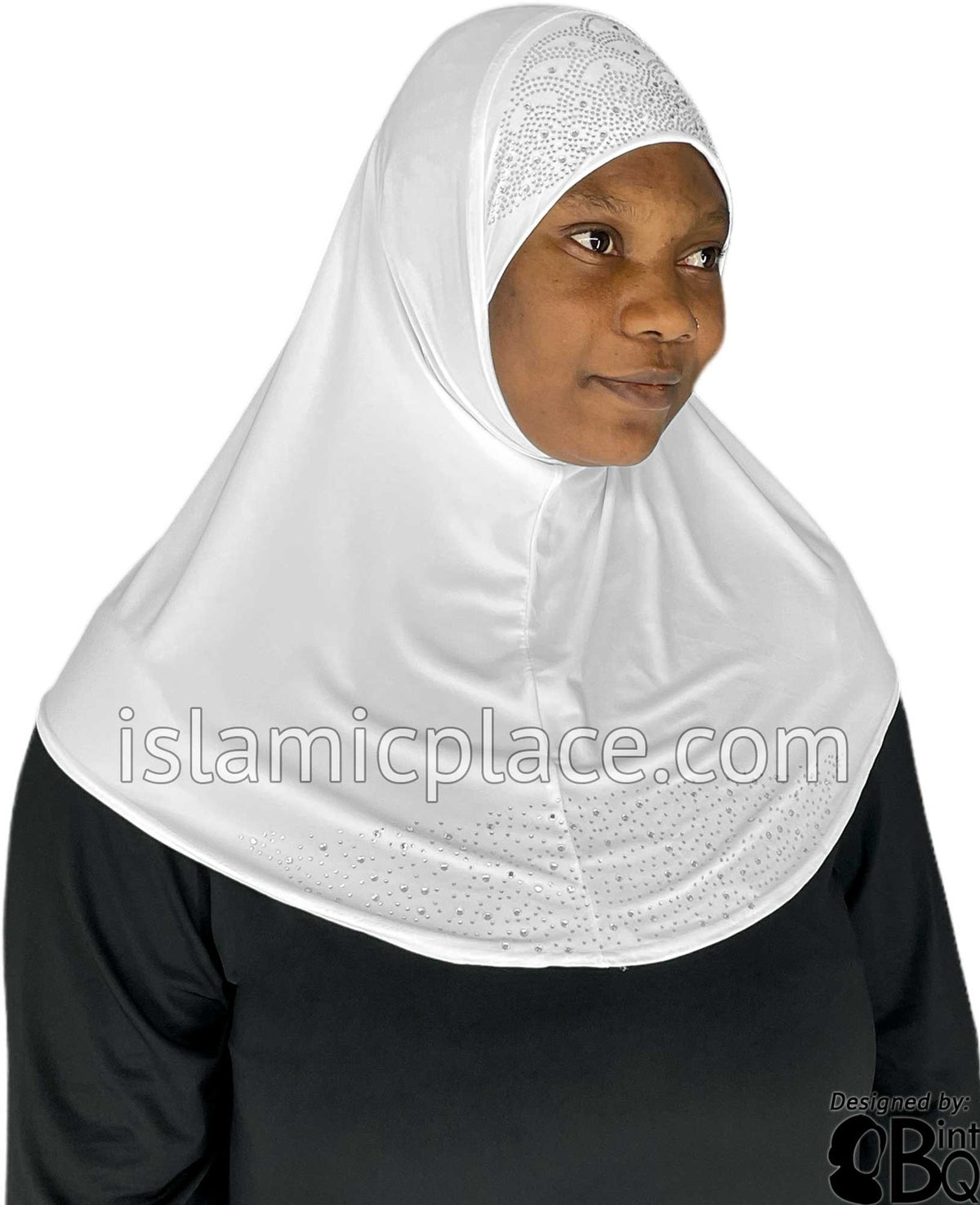 White - Luxurious Lycra Hijab Al-Amira with Silver Rhinestones Teen to Adult (Large)