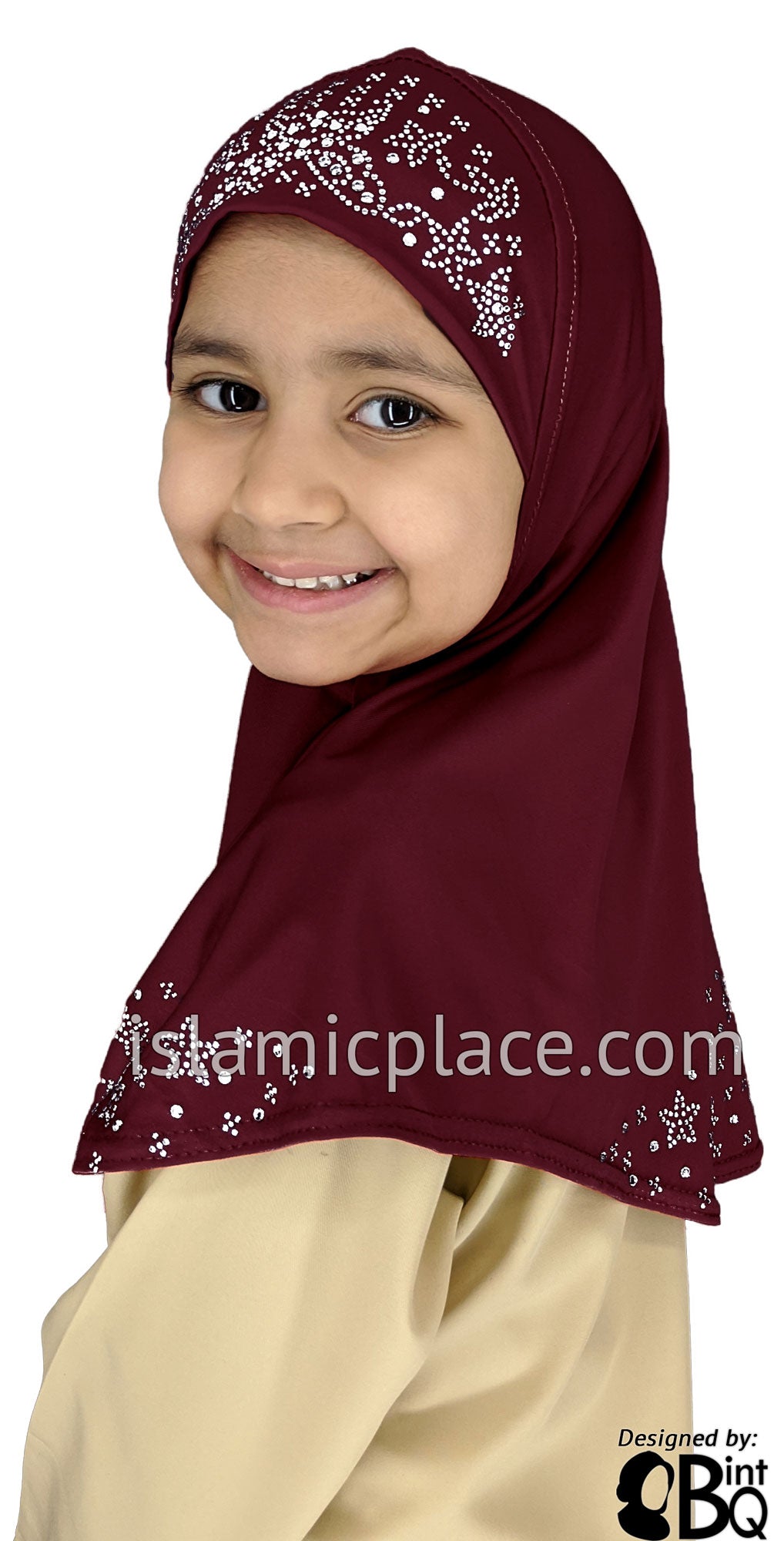 Burgundy - Luxurious Lycra Hijab Al-Amira with Silver Rhinestones - Girl size (1-piece)
