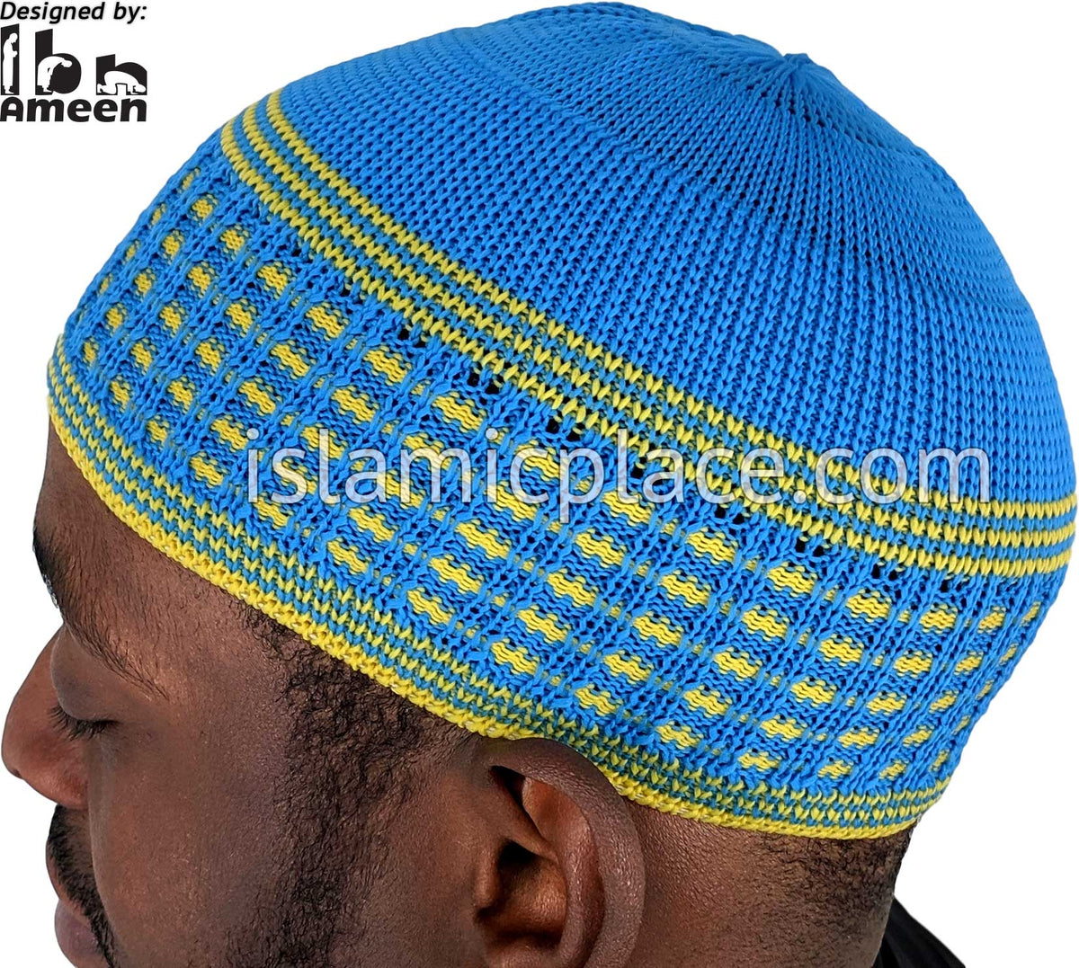 Light Blue &amp; Gold - Elastic Knitted Ameen Designer Kufi