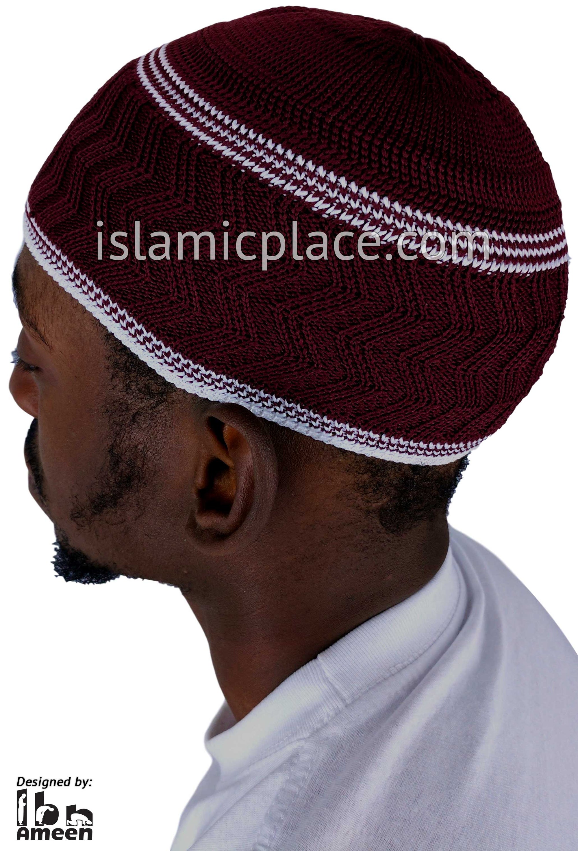 Burgundy & White - Elastic Knitted Ghani Designer Kufi