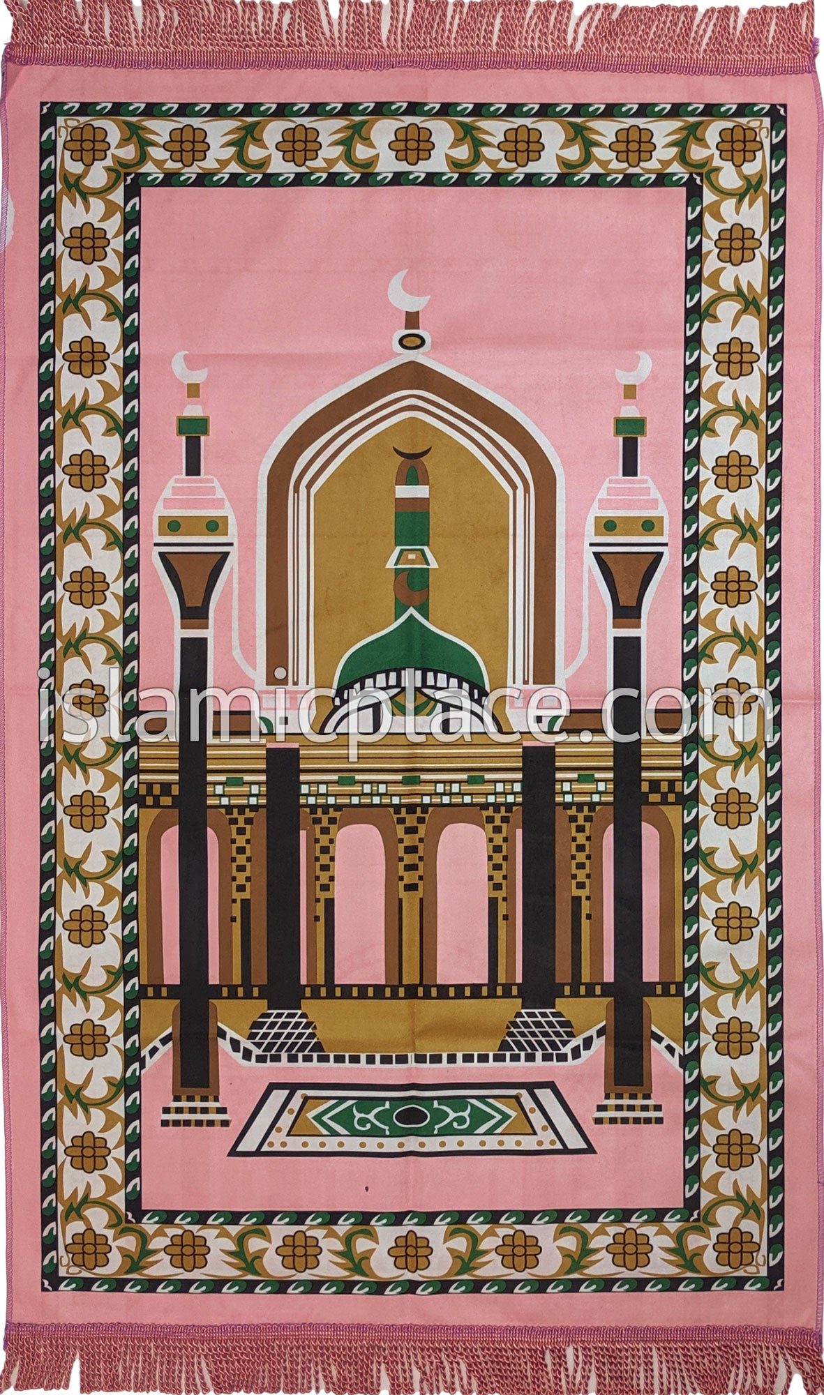 Pink - Contemporary Masjid Design Prayer Rug with Matching Zipper Carrying Bag