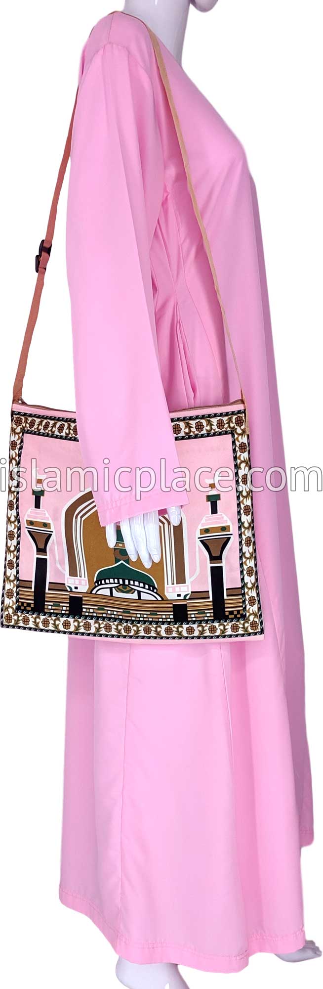 Pink - Contemporary Masjid Design Prayer Rug with Matching Zipper Carrying Bag