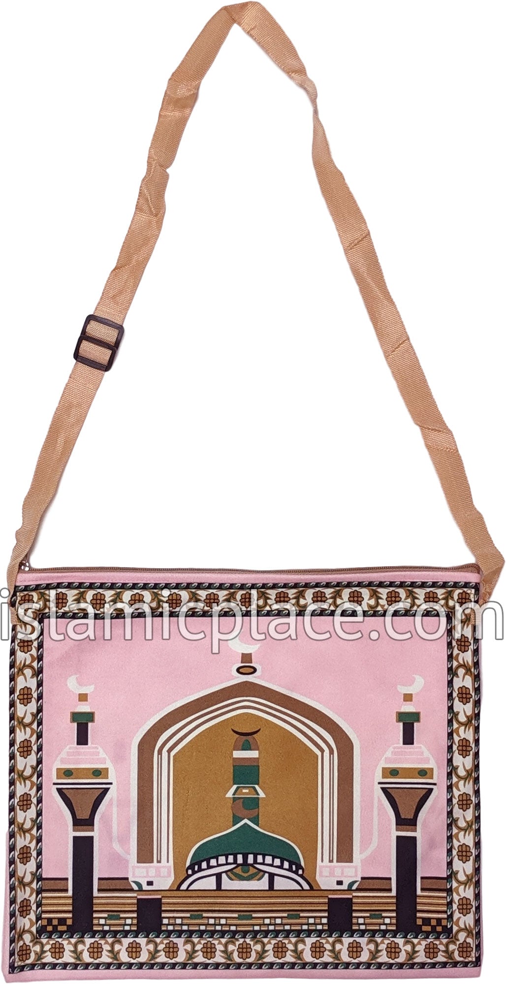 Pink - Contemporary Masjid Design Prayer Rug with Matching Zipper Carrying Bag