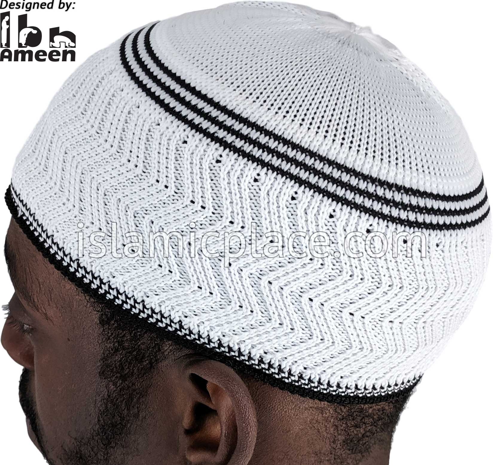 White & Black - Elastic Knitted Ghani Designer Kufi