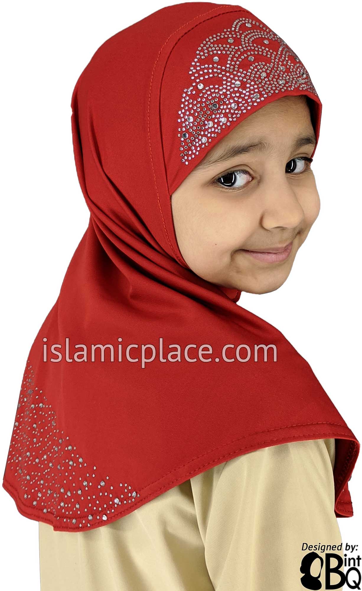 Rust - Luxurious Lycra Hijab Al-Amira with Silver Rhinestones - Girl size (1-piece)