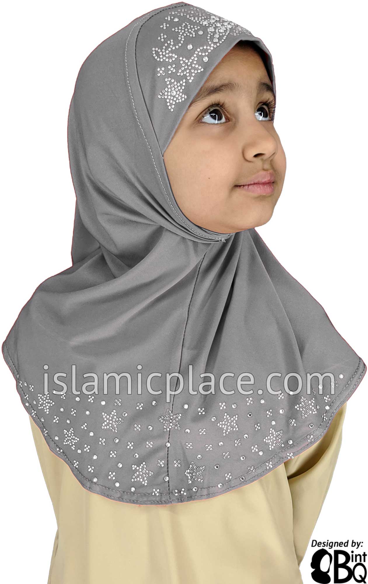 Slate Gray - Luxurious Lycra Hijab Al-Amira with Silver Rhinestones - Girl size (1-piece)