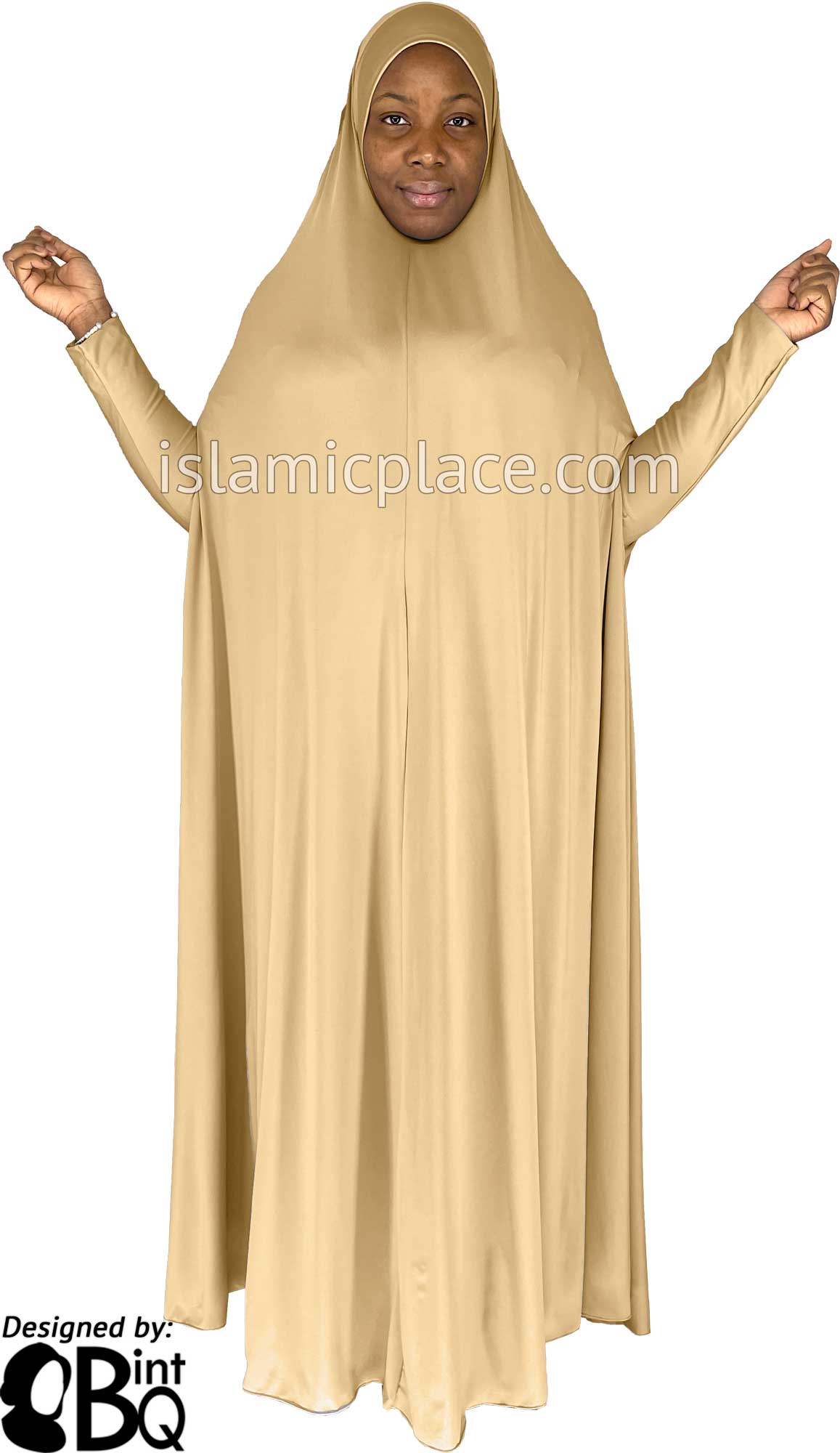 Beige - Plain Overhead Abaya with Cuffs - The Islamic Place Beige - Plain Overhead Abaya with Cuffs - The Islamic Place