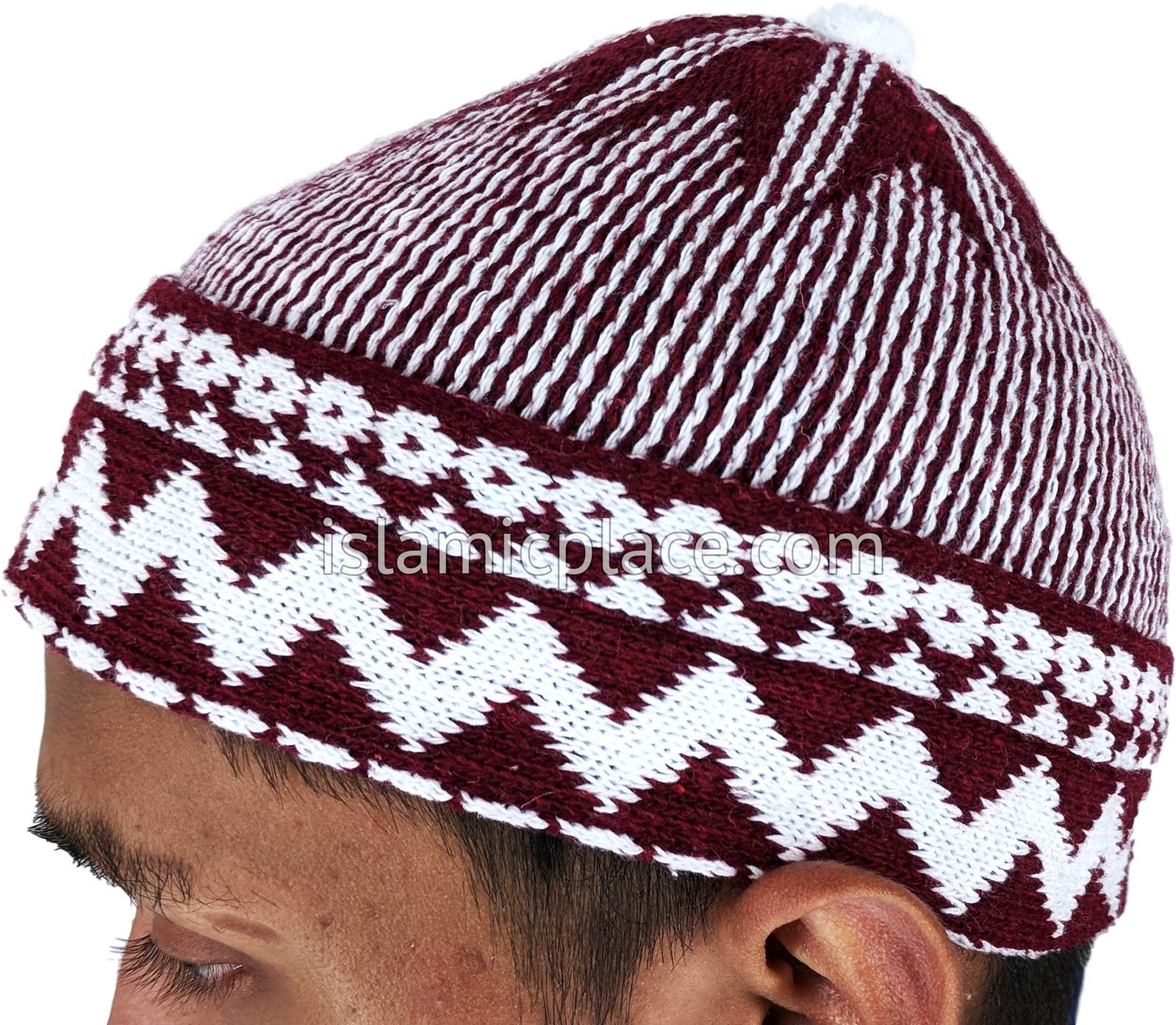 Burgundy & White - Warm Knitted Talib Zigzag Style Kufi