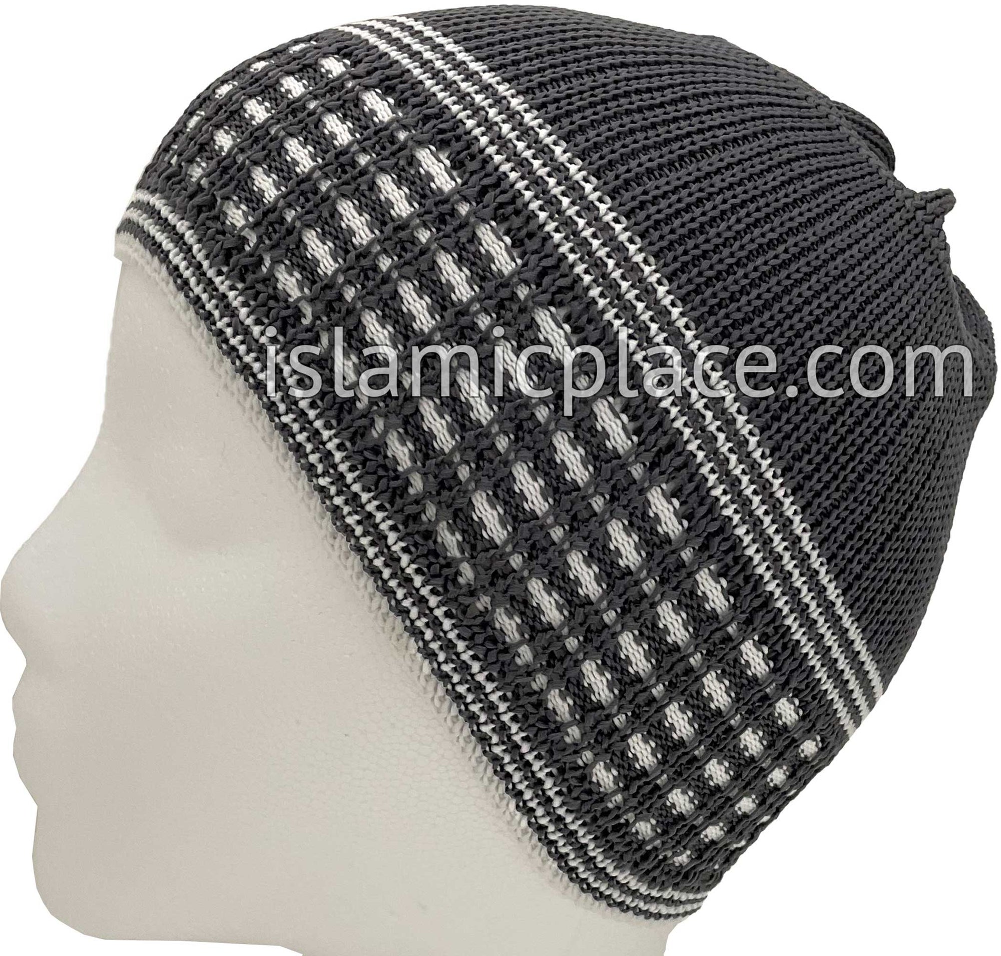 Charcoal Gray & White - Elastic Knitted Ameen Designer Kufi