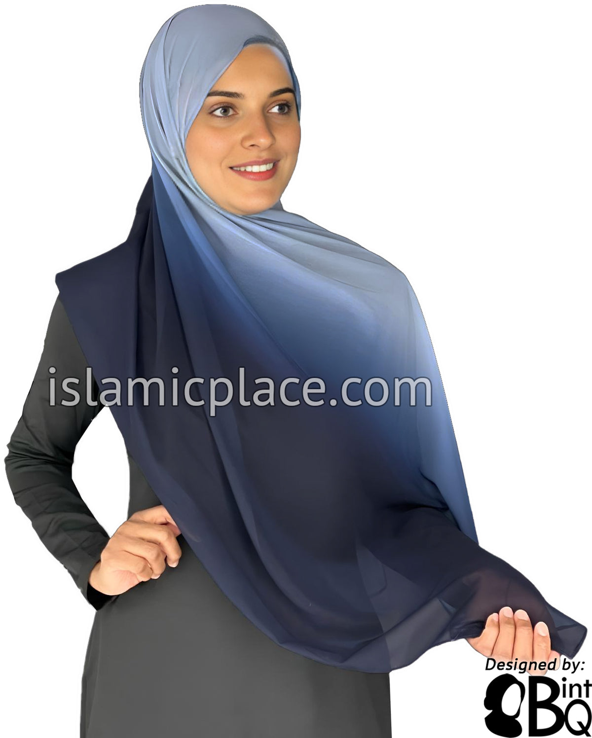Navy Blue and Steel Blue - G2 Ombre Dye Georgette Shayla Long Rectangle Hijab 28"x70"