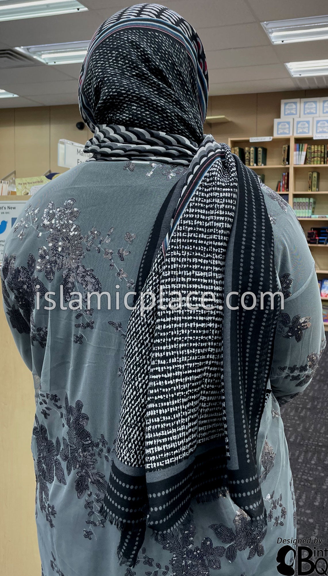 Black, Charcoal Gray, Navy Blue, Red and White Mosaic Angles - Soft Viscose Printed Shayla Long Rectangle Hijab 34&quot;x72&quot;