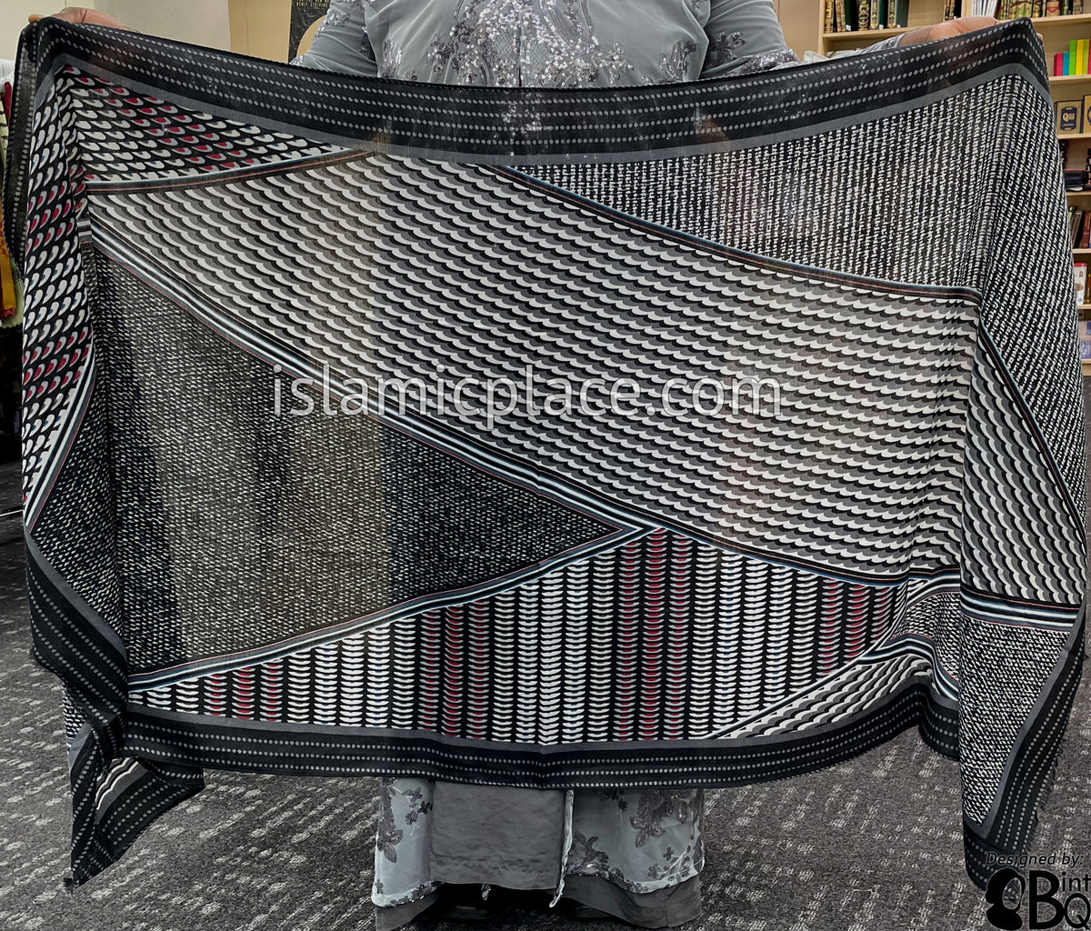 Black, Charcoal Gray, Navy Blue, Red and White Mosaic Angles - Soft Viscose Printed Shayla Long Rectangle Hijab 34"x72"