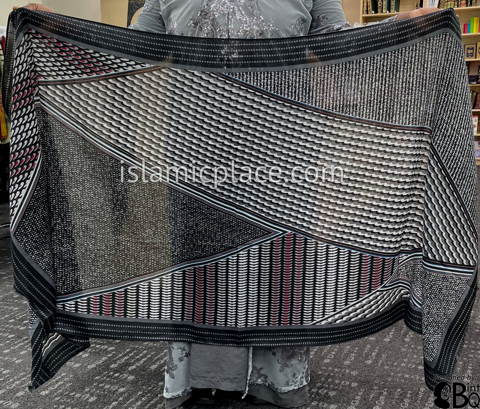 Black, Charcoal Gray, Navy Blue, Red and White Mosaic Angles - Soft Viscose Printed Shayla Long Rectangle Hijab 34"x72"