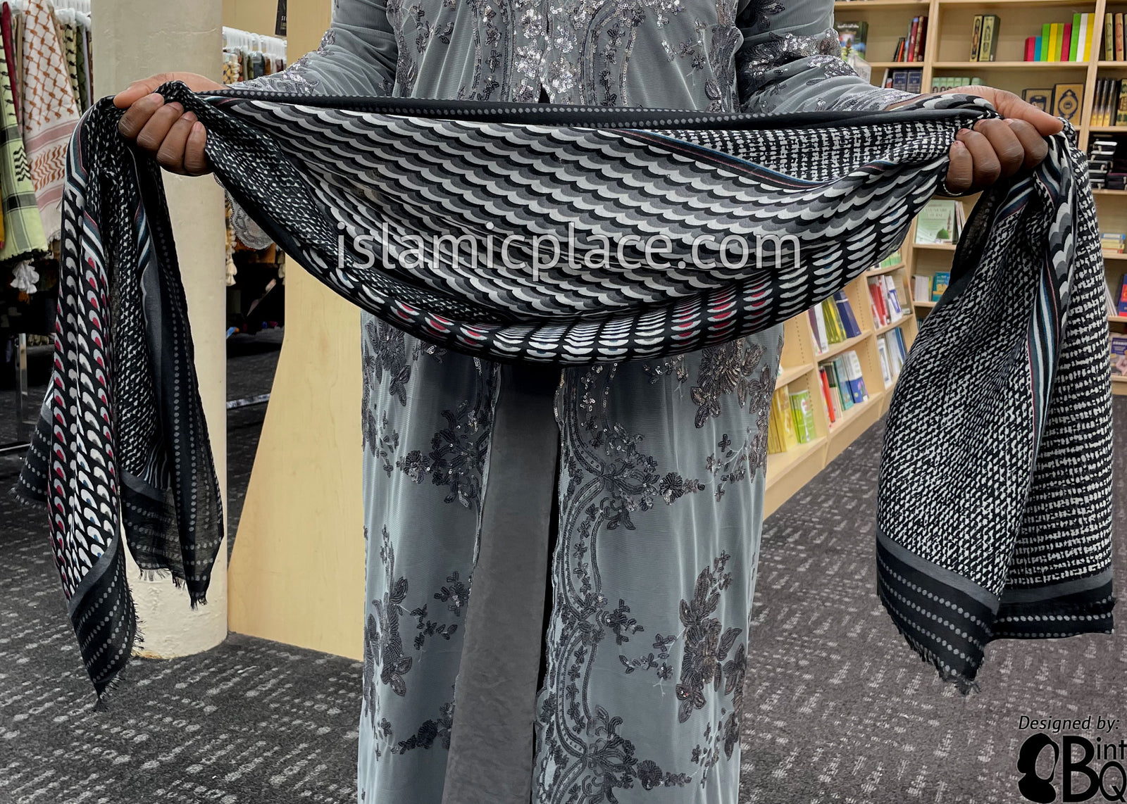 Black, Charcoal Gray, Navy Blue, Red and White Mosaic Angles - Soft Viscose Printed Shayla Long Rectangle Hijab 34"x72"