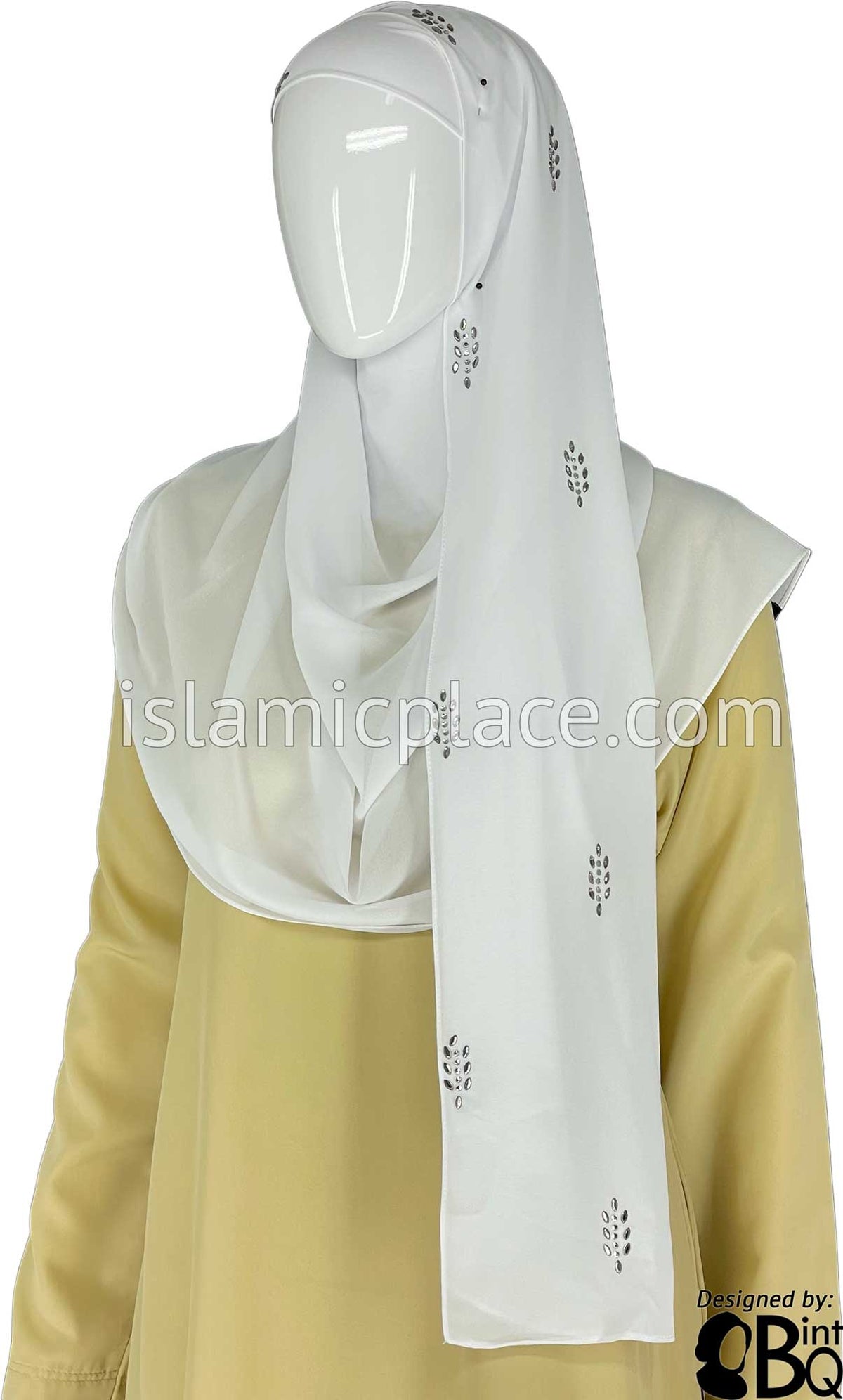 White with Silver and Gray Stones in Design 51 - Georgette Chiffon Shayla Long Rectangle Hijab 30&quot;x70&quot;