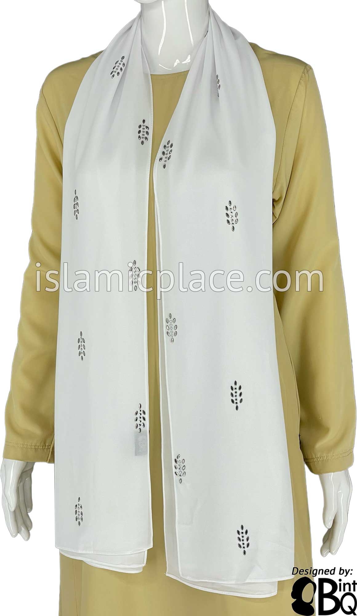 White with Silver and Gray Stones in Design 51 - Georgette Chiffon Shayla Long Rectangle Hijab 30"x70"