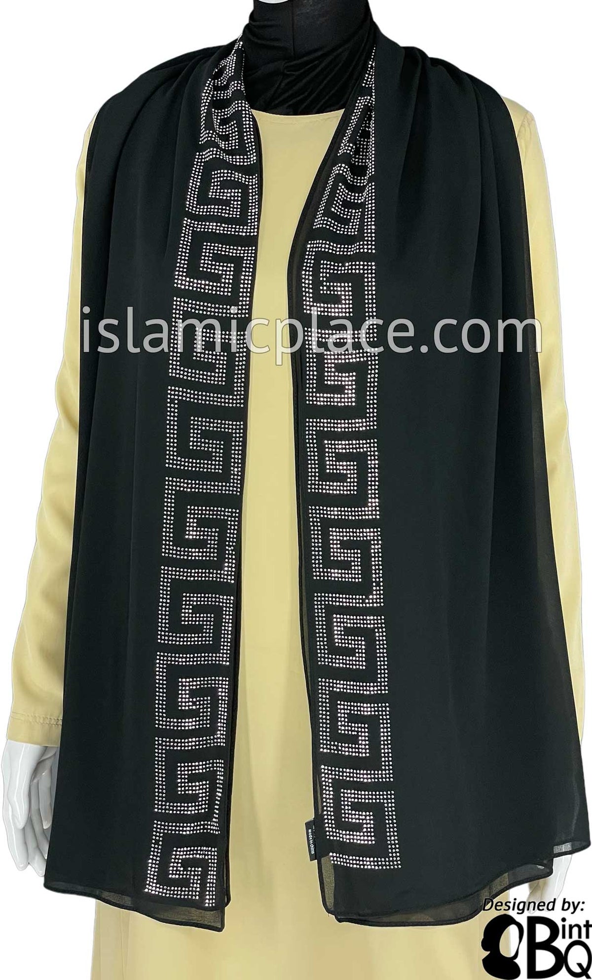 Black with Silver Stones in Design 86 - Georgette Chiffon Shayla Long Rectangle Hijab 30"x70"