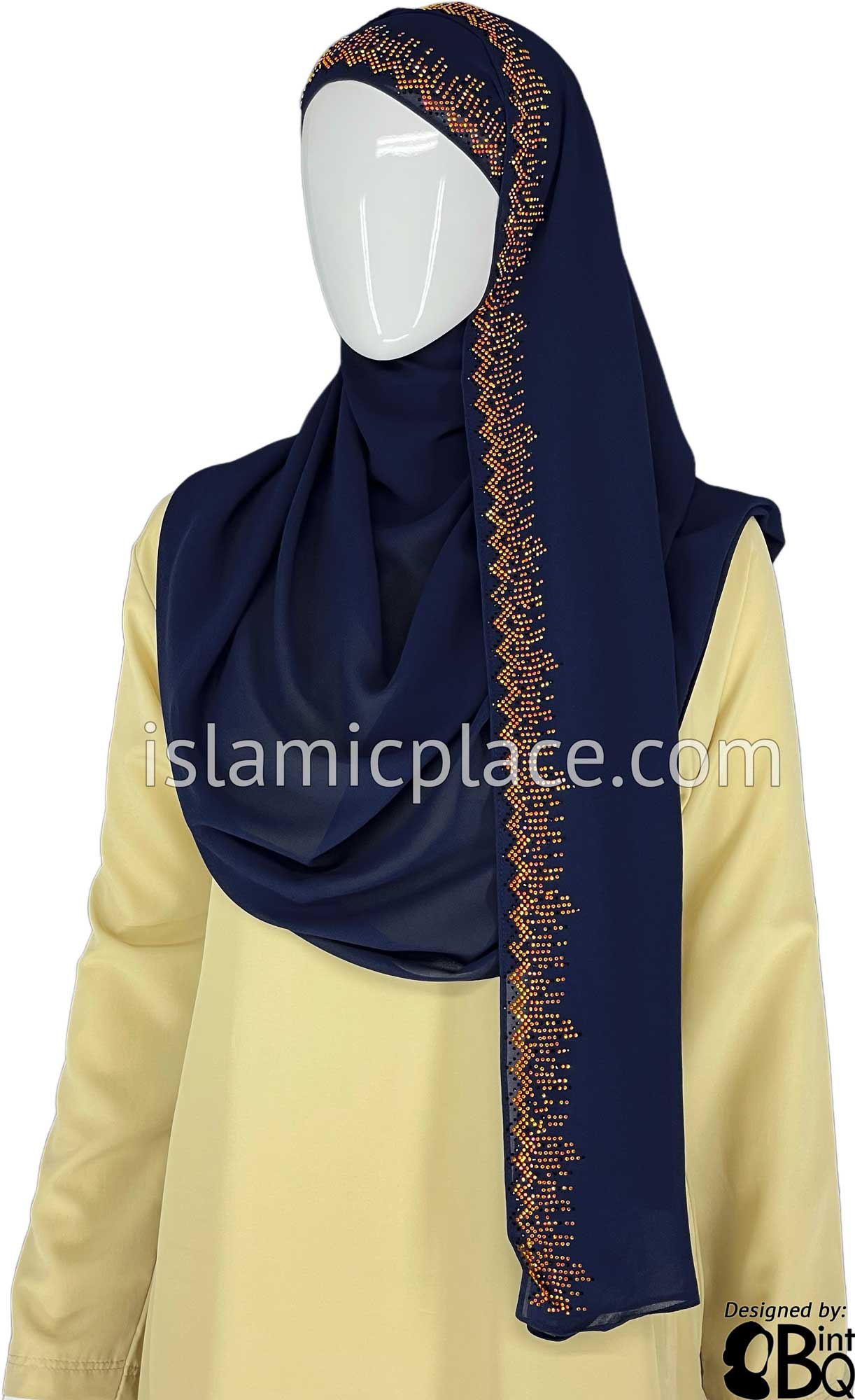 Navy with Golden Stones in Design 112 - Georgette Chiffon Shayla Long Rectangle Hijab 30"x70"