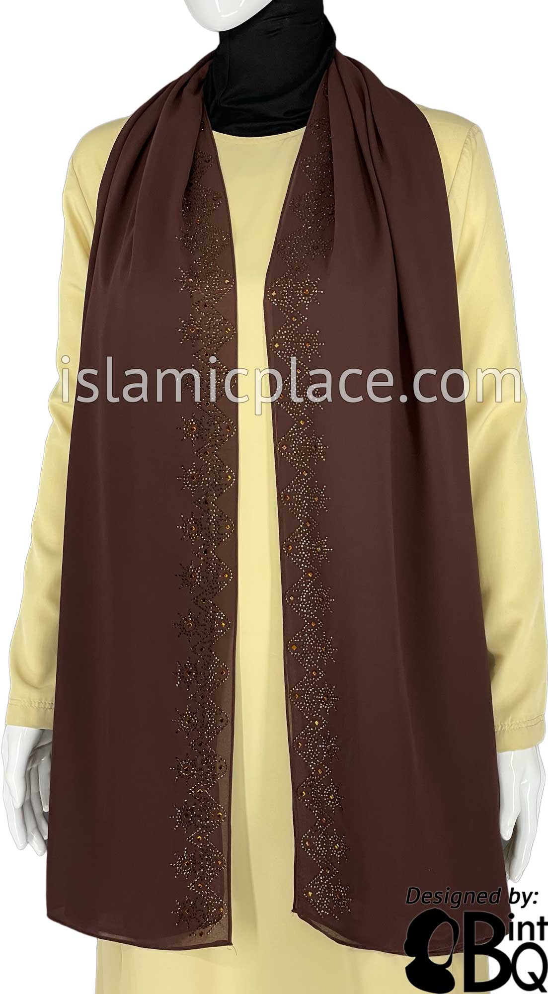 Brown with Brown Stones in Design 31 - Georgette Chiffon Shayla Long Rectangle Hijab 30"x70"