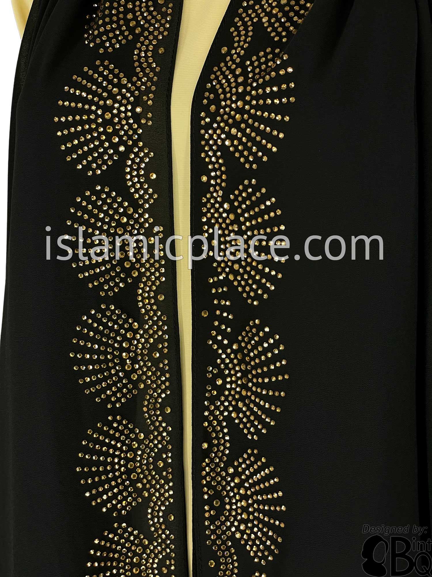 Black with Goldren Stones in Design 26 - Georgette Chiffon Shayla Long Rectangle Hijab 30"x70"