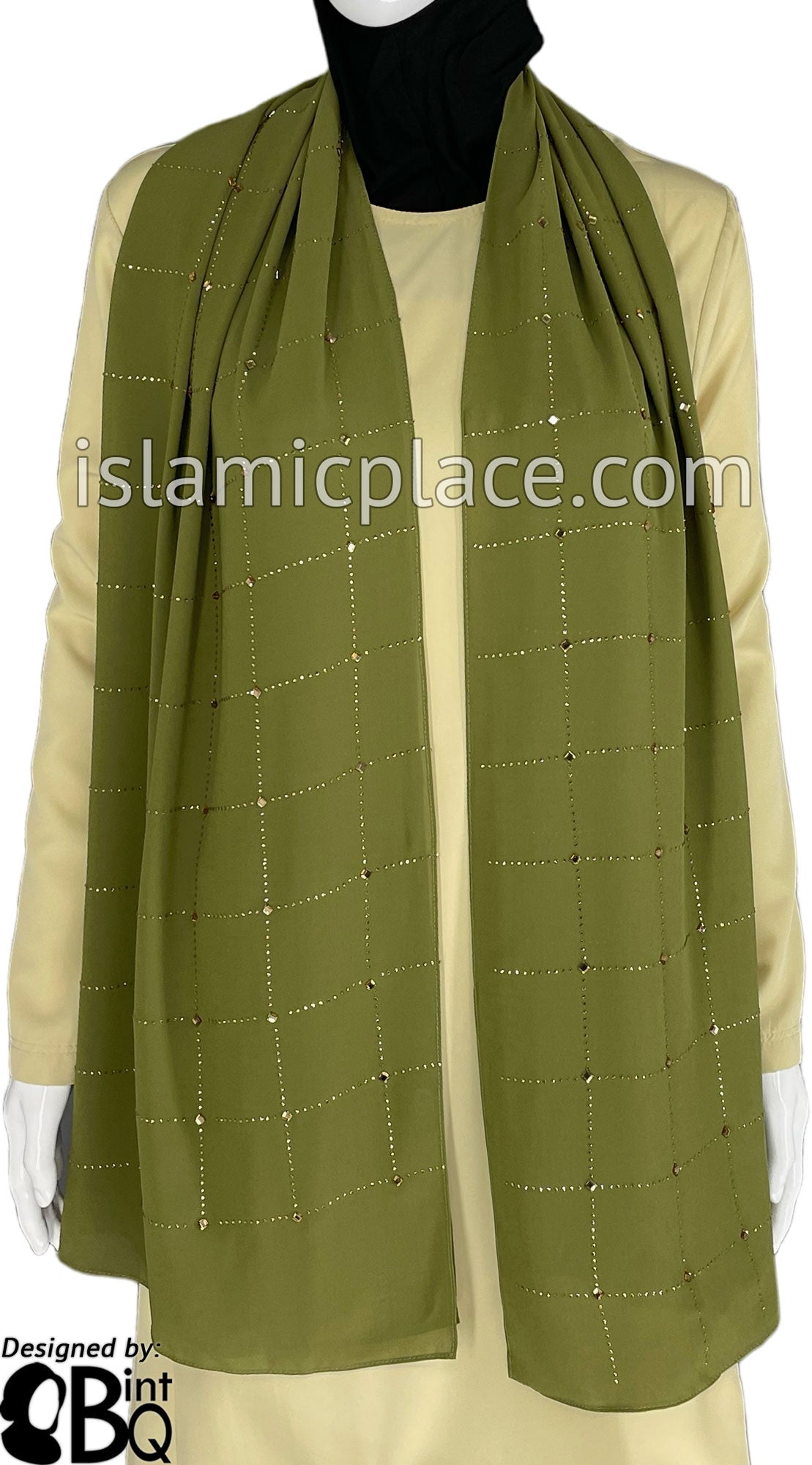 LightOlive with Golden Stones in Design 153 - Georgette Chiffon Shayla Long Rectangle Hijab 30"x70"