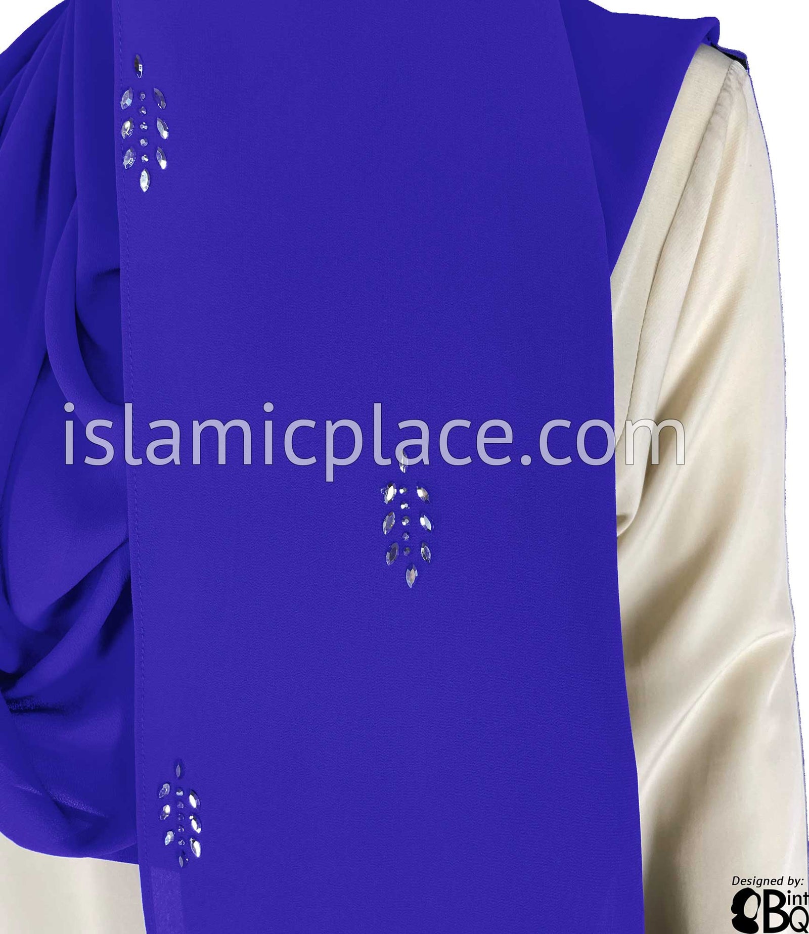RoyalBlue with Gray Stones in Design 51 - Georgette Chiffon Shayla Long Rectangle Hijab 30"x70"