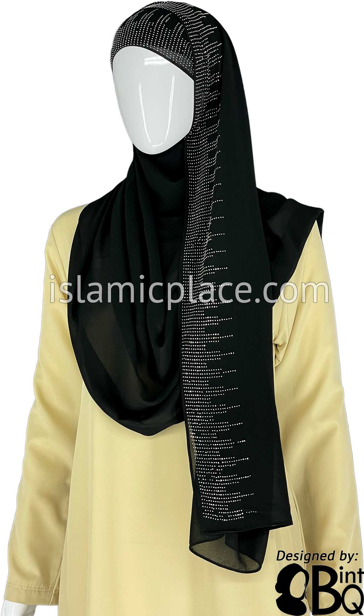 Black with Silver Stones in Design 122 - Georgette Chiffon Shayla Long Rectangle Hijab 30"x70"