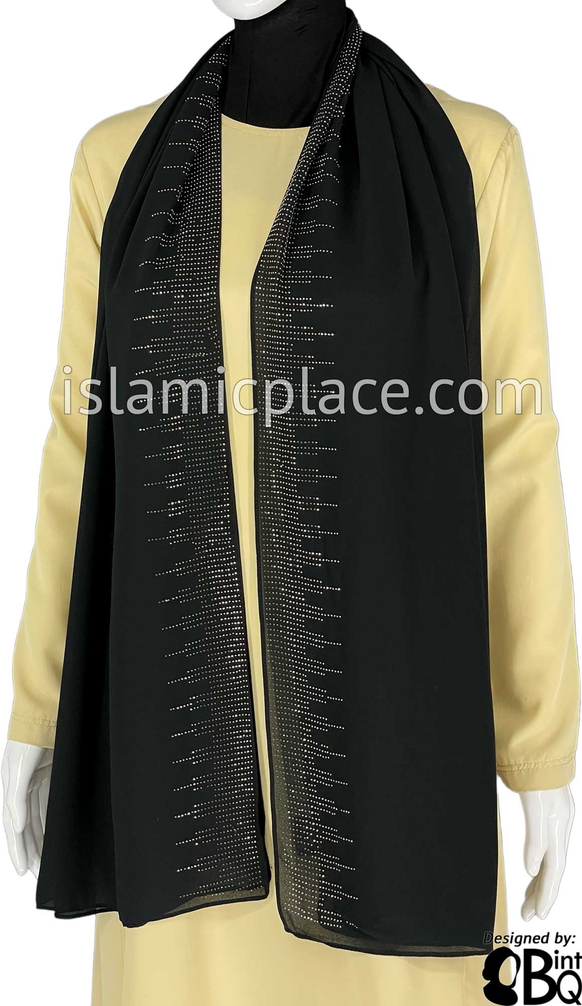 Black with Silver Stones in Design 122 - Georgette Chiffon Shayla Long Rectangle Hijab 30"x70"