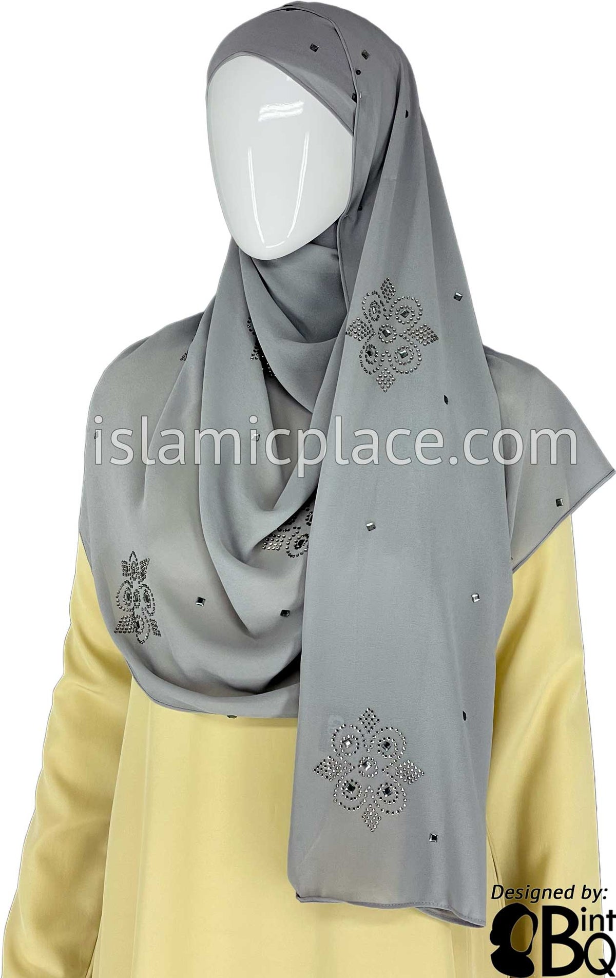 Gray with Silver Stones in Design 125 - Georgette Chiffon Shayla Long Rectangle Hijab 30&quot;x70&quot;