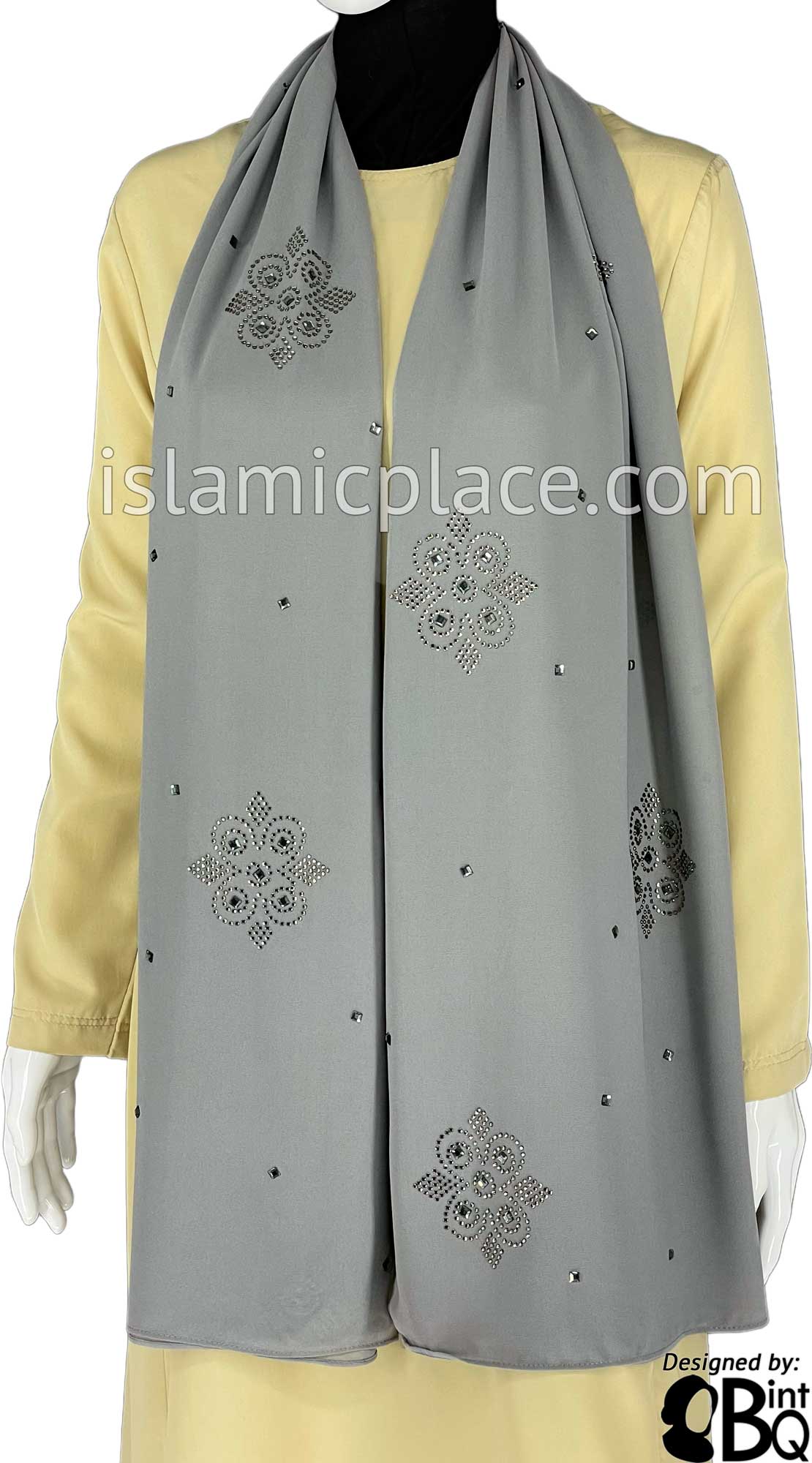 Gray with Silver Stones in Design 125 - Georgette Chiffon Shayla Long Rectangle Hijab 30"x70"